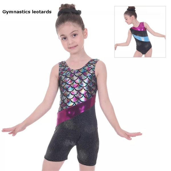 Justaucorps de gymnastique pour filles, justaucorps de ballet pour enfants, une pièce, écailles de sirène, sans manches, combinaison d'entraînement colorée scintillante