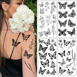 Peinture corporelle 1 feuille de fleur noire papillon tatouages temporaires pour femmes hommes plante sauvage faux tatouage autocollant adultes face aux mains art corporel tatoo d240424