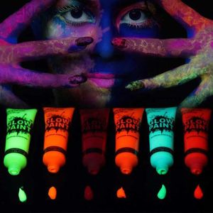 Body Paint 10 ml Body Art Paint Neon Fluorescent Party Festival Halloween Cosplay Make -up Kinderen gezicht Glow in the Dark Paint 8 Color for kiezen D240424