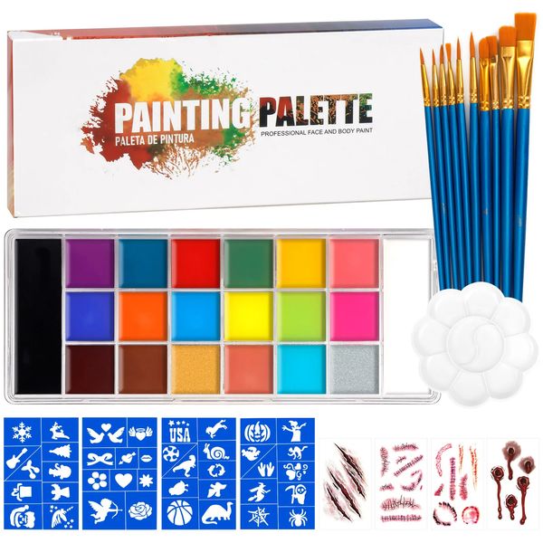 Pintura corporal Aceite de pintura corporal facial de 20 colores con 10 pinceles 1 bandeja de paleta y 4 plantillas 4 pegatinas de tatuajes de cicatrices para maquillaje de cosplay de Halloween 231012