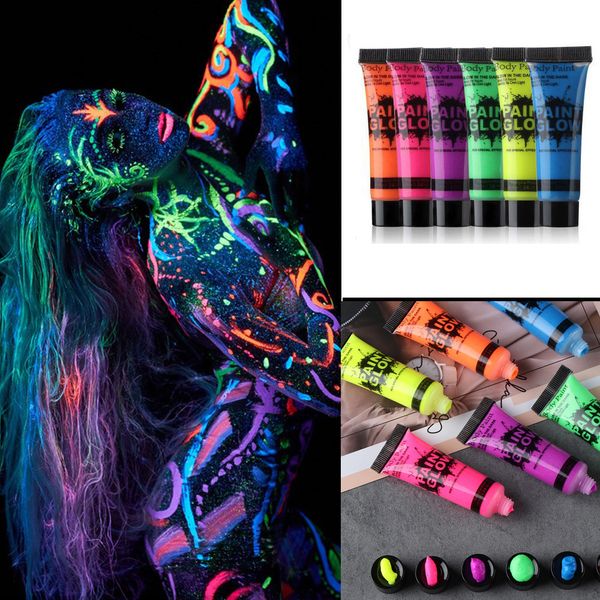 Body Paint 6 colores Body Art Paint Neon Fluorescente Fiesta Festival Halloween Cosplay Maquillaje Niños Pintura facial UV Glow Pintura Herramientas de belleza 230703