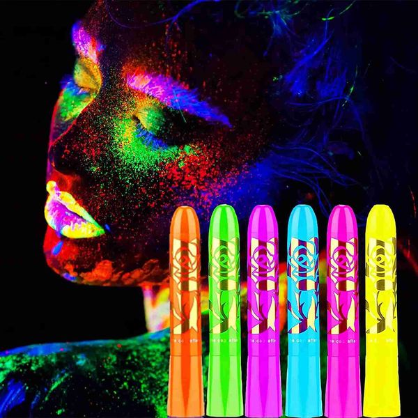 Peinture corporelle 6 pcs brillent dans la lumière du corps de la lumière noire peinture UV crayons de carrosserie fluorescents pour les adultes Party Halloween Face Painting Kit D240424