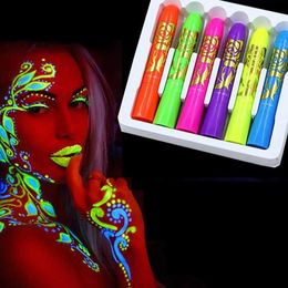 Body Paint 6pcs Halloween Glow Pop In Dark Face Black Light Paint UV Neon Face Body Paint Crayon Kit Fluorescent Makeup Marker Kerst D240424