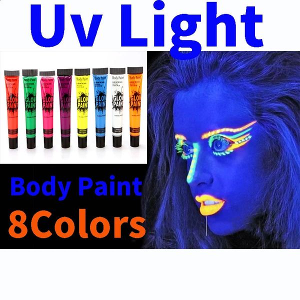 Peinture pour le corps Peinture d'art corporel 8 couleurs Halloween Cosplay Pigment Night Run UV Glow Peinture Fluorescent Visage Festival Rave Party Outil de maquillage 10G 231109