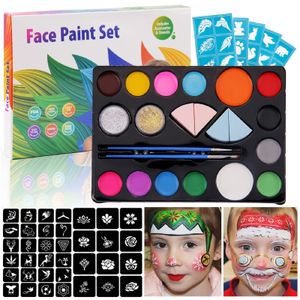 Kit de peinture corporelle pour le visage, peinture corporelle avec 14 couleurs, 2 paillettes, 2 pinceaux, 4 éponges, 9 pochoirs pour Halloween, cosplay, maquillage de fête 231012