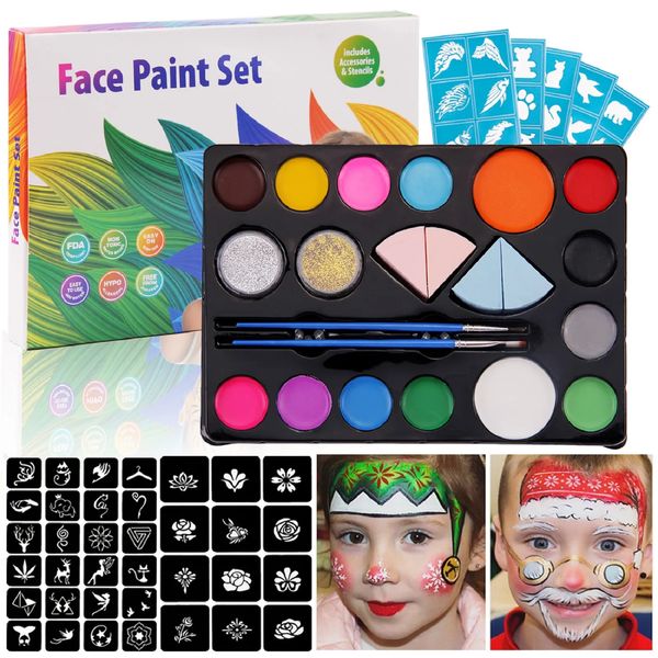 Kit de pintura facial para pintura corporal, pintura facial corporal con 14 colores, 2 purpurinas, 2 pinceles, 4 esponjas, 9 plantillas para maquillaje de fiesta de cosplay de Halloween 231012