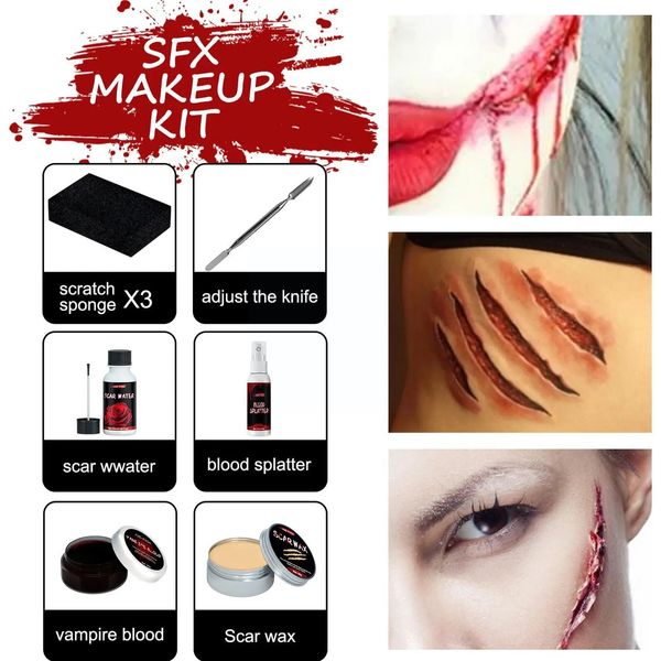 Pintura corporal Kit de maquillaje de Halloween Efecto especial Pintura Cera falsa Cicatriz Cicatriz de sangre Pintura Cera falsa Set Maquillaje Fiesta Gel corporal F G7N7 231012