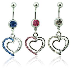 Corps Piercing Mode Nombril Anneaux En Acier Inoxydable 316L Haltères Dangle Strass Double Coeur Nombril Anneaux Jewelry301w