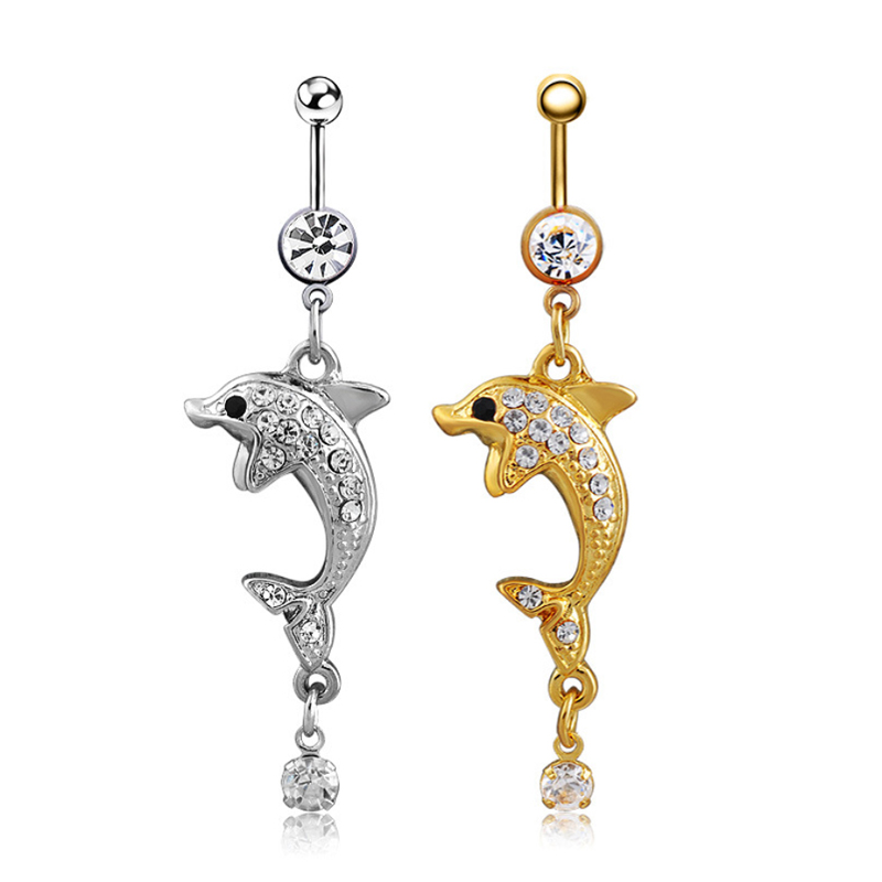 Body Piercing Jewelry Dangle Dolphin Belly Button Ring Navel Barbells with Gem for Women and Girls