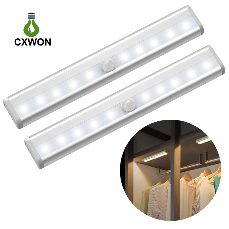 10pcs LEVias noturnas LED com sensor de movimento Battery Powerd Gabinete Corredor Wardrobe Lâmpada de cabeceira