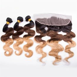 Body Wave # 1B / 4/27 HONING Blonde Ombre Virgin Haar Weeft met Kant Frontale Sluiting 13x4 Drie Tone Ombre Braziliaanse menselijke haarbundels