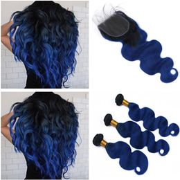 Body Wave # 1B / Blue Ombre Indian Virgin Tramas de cabello humano con cierre de encaje 4x4 Ombre Dark Blue Paquetes de cabello humano Ofertas con cierre