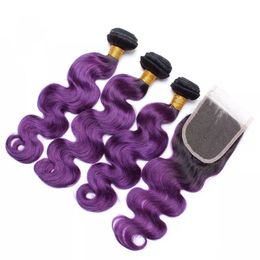 Vague de corps 1B Violet Ombre Bundles de cheveux humains brésiliens avec fermeture Racine foncée Violet Ombre Vierge Tissages de cheveux avec fermeture en dentelle 4x4