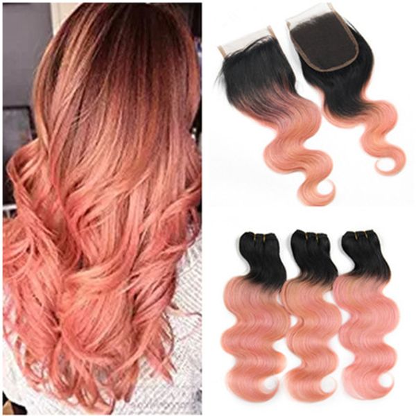 Body Wave 1B / Rose Gold Ombre 4x4 Lace Top Closure with Weaves Rose Rose Ombre Virgin Indian Human Hair 3Bundles avec Lace Closure