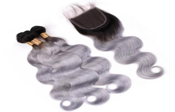 Vague de corps 1BGrey Ombre Brésilienne Vierge Bundles de Cheveux Humains avec Fermeture Ombre Argent Gris Cheveux Tisse des Trames avec 4x4 Avant de Lacet C4177526