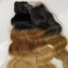 Body Wave 300G Haarbundels met 16 inch kanten sluiting Volledig hoofd Ombre kleur T1B/30/27# Indian maagdelijk menselijk haar inslag voor zwarte vrouw