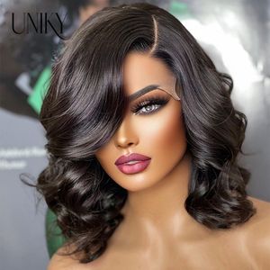 Perruque Bob Lace Frontal Wig Body Wave brésilienne Remy, cheveux naturels vierges, Transparent, 13x1, densité 180%, avec raie latérale