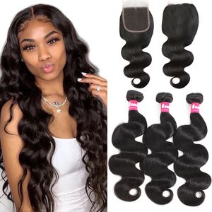 Brazilian Hair 3 Bundles Body Wave With Lace Closure Unprocessed Brazilian Human Hair With 4x4 Closure