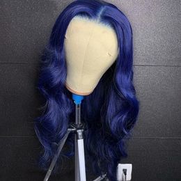 Peluca de cabello humano con frente de encaje azul oscuro ondulado, peluca de encaje transparente de 13x6, pelucas brasileñas prearrancadas para mujeres negras, cabello 100% humano