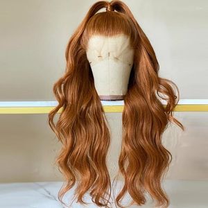 Frontal de encaje de pelo sintético de Color naranja jengibre con ondas corporales, Frontal ondulado de fibra larga de 26 pulgadas para mujeres de moda sin pegamento