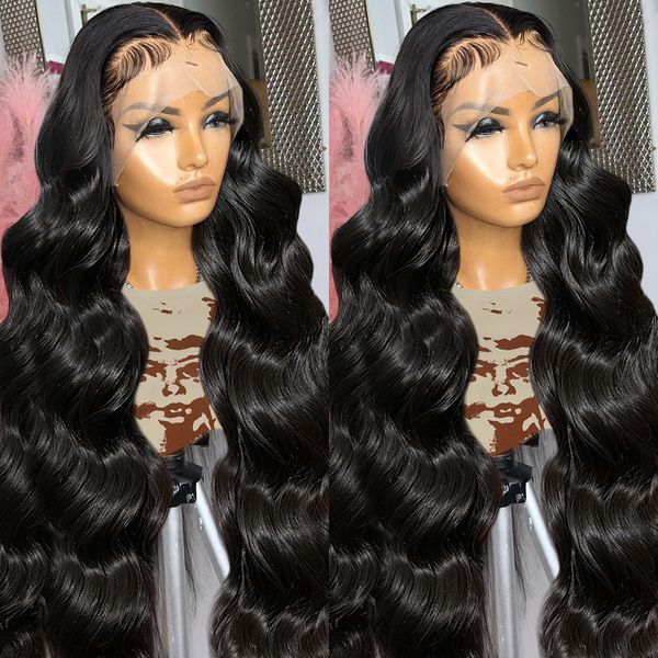 Perruque Lace Front Wig synthétique Body Wave HD13X4, cheveux naturels, noir/rouge/marron/blond, sans colle, perruque Lace Front Wig transparente transparente, densité 250