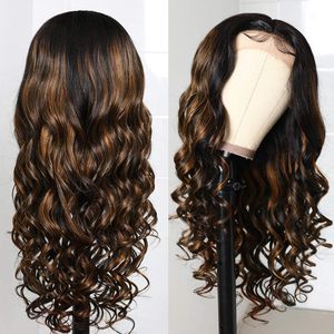 Body Wave Highlight 13x4 Lace Front Perruques Cheveux Humains, 10A Brésiliens Remy Cheveux Ombre Brun à Blond Frontale Perruque Pré Pincée pour Femmes Noires 150% Densité 24 pouces