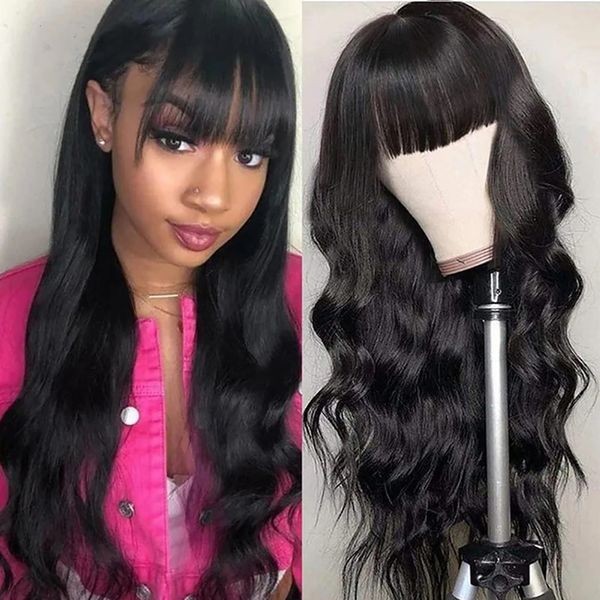 Perruque de cheveux humains vague de corps avec frange Remy 30 pouces perruque Bodywave pour les femmes noires sans colle pleine Machine perruques cheveux à frange longue