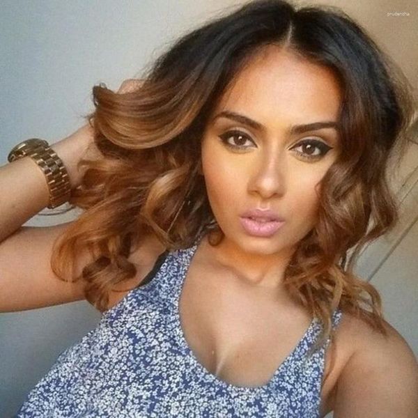 Perruque Lace Front Wig Body Wave HD ombré, cheveux humains, couleur marron, Bob, pre-plucked, pour femmes