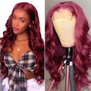 Perruques Lace Front Wig Body Wave pour femmes, couleur 99J, 100% cheveux humains, haute qualité, densité 150%