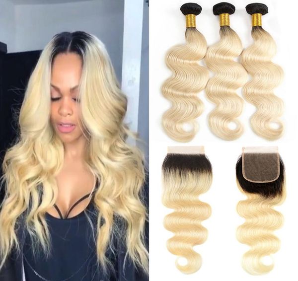 Vague de corps cheveux humains malaisiens 1B613 Ombre Blonde Bundles avec fermeture péruvienne brésilienne blonde vierge cheveux tisse avec 44 Lace4375818