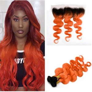 Vague de corps couleur orange cheveux ombrés avec dentelle frontale cheveux vierges brésiliens 3 faisceaux dentelle frontale avec faisceaux deux tons faisceaux de cheveux de vague de corps