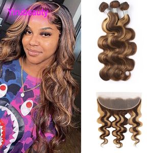 Body Wave P4/27 Piano Kleur Dubbele Inslagen Braziliaanse Bundels Met 13X4 Kant Frontale Gratis Deel Peruaanse Indiase Maleisische Maagd Haar 4 Stuks