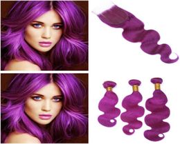 Body Wave Color púrpura 4x4 Pieza de cierre de encaje con 3 paquetes Extensiones de trama de tejido de cabello humano púrpura malasio barato con cierre 4601812