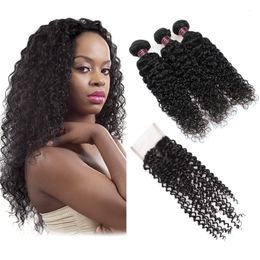 Ishow Braziliaanse menselijke haarbundels weefsel wave rechte 3 stks met 4 * 4 kant sluiting water los voor vrouwen Alle leeftijden natuurlijke kleur zwart 8-28inch