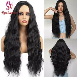 Perruques synthétiques Body Wave pour femmes, longues, couleur noire, partie centrale, couverture complète de la tête, cheveux simulés en Fiber chimique, 26 pouces, 240115