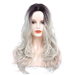 Lichaamsgolf synthetische pruiken lange natuurlijke ombre blonde pruik voor vrouwen zilvergrijs golvend 24 inch hittebestendig haar