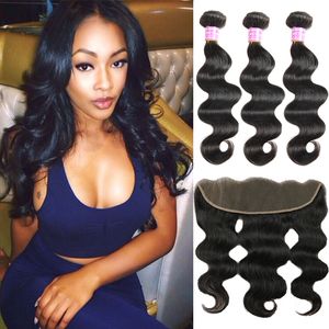 Braziliaanse Frontale Sluiting met Body Wave Bundels Onverwerkte Peruaanse Virgin Menselijk Hair Extensions Maleisische Indiase Lichaamsgolf Weeft Sluiting