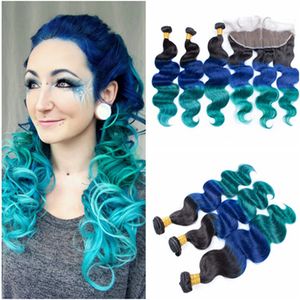 Body Wave Virgin Peruvian # 1B / Blue / Green Ombre Hair Bundles avec 13x4 Lace Frontal Closure 3Tone Colored Human Hair Weaves with Frontals