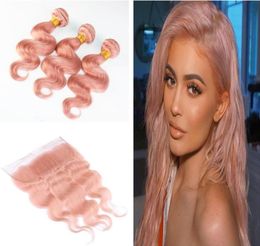 Paquetes de cabello rosa virgen con onda del cuerpo con cierre frontal Extensión de trama de cabello con onda del cuerpo de color rosa con frontal de oreja a oreja 13x44584947
