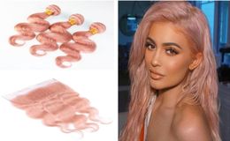 Paquetes de cabello rosa virgen con onda del cuerpo con cierre frontal Extensión de trama de cabello con onda del cuerpo de color rosa con frontal de oreja a oreja 13x46880268