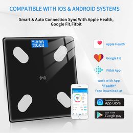 Lichaamsgewichtschalen Schaal Bluetooth Fat BMI Smart elektronische LED Badkamer Gezond kan worden aangesloten op Mobile Phone Analyzer 230821