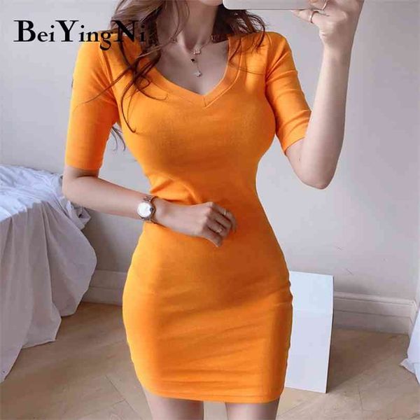 Vestido bodycon mujeres punto sexy coreano con cuello en v color sólido vintage fiesta casual es alta camiseta elástica ol 210506