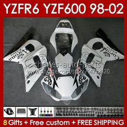 Kit carrosserie pour YAMAHA YZF R6 R 6 blanc brillant YZF600 600CC 98-02 Carrosserie 145No.6 YZF 600 CC YZF-600 YZFR6 98 99 00 01 02 Cadre YZF-R6 1998 1999 2000 2001 2002 Carénage complet