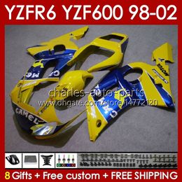 Kit carrosserie pour YAMAHA YZF R6 R 6 YZF600 600CC 98-02 Carrosserie 145No. 48 YZF 600 CC YZF-600 YZFR6 98 99 00 01 02 Cadre YZF-R6 1998 1999 2000 2001 2002 Carénage complet bleu jaune blk