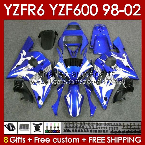 Kit carrosserie pour YAMAHA YZF R6 R 6 YZF600 600CC 98-02 Carrosserie 145No.11 bleu blanc YZF 600 CC YZF-600 YZFR6 98 99 00 01 02 Cadre YZF-R6 1998 1999 2000 2001 2002 Carénage complet