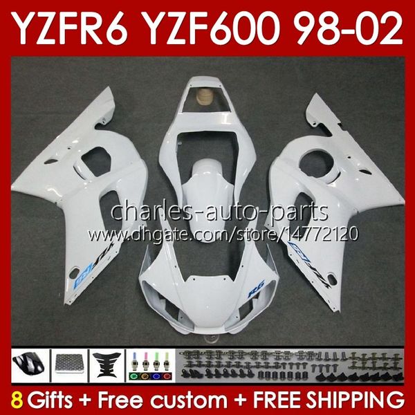 Kit de carrosserie pour Yamaha YZF R6 R 6 YZF600 600CC 98-02 Carrosserie 145No.7 YZF 600 CC YZF-600 YZFR6 98 99 00 01 02 Cadre YZF-R6 1998 1999 2000 2001 2002 Carénage complet usine blanc noir