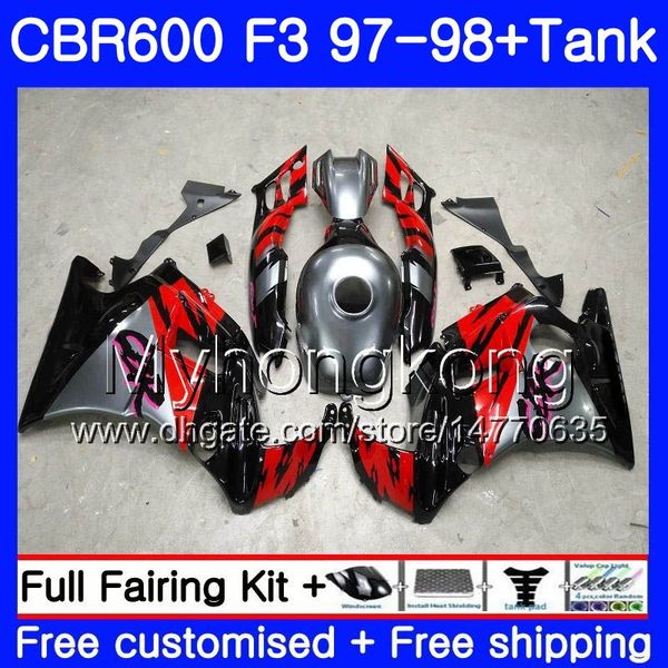 Corps + Réservoir Pour HONDA CBR 600 FS F3 CBR600RR CBR 600F3 97 98 290HM.0 CBR600 F3 97 98 CBR600FS CBR600F3 1997 1998 Carénages Argenté rouge noir