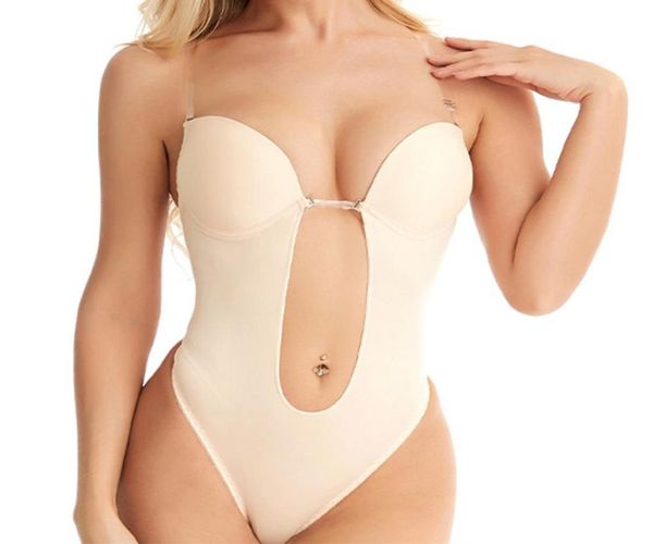 Body moldeador con cuello en V profundo, moldeador de cuerpo sin espalda, tanga con inmersión en U, entrenador de cintura para mujer, corsé push-up acolchado con correa transparente 23326382