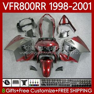 Carrosserie pour HONDA Interceptor VFR800R VFR 800RR 800 CC RR 98-01 Bodys 128No.37 VFR800RR 800CC VFR800 98 99 00 01 VFR-800 RR 1998 1999 2000 2001 Kit de carénage gris rouge