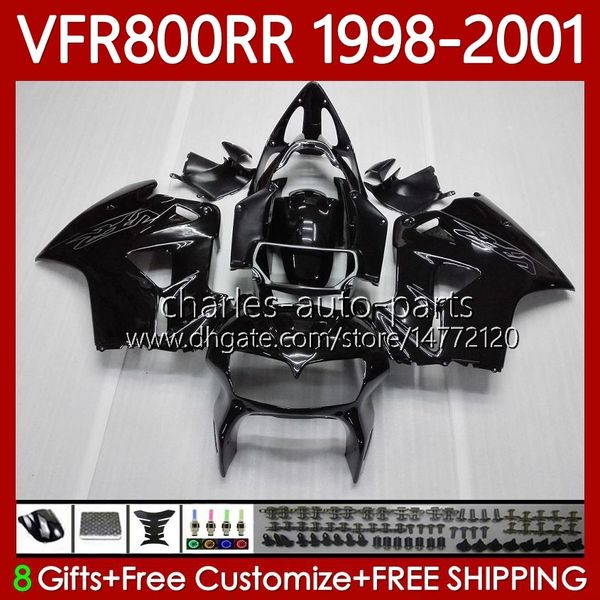 Carrosserie pour HONDA Interceptor VFR800R VFR 800RR 800 CC RR 98-01 Bodys 128No.25 VFR800RR 800CC VFR800 98 99 00 01 Kit de carénage noir brillant VFR-800 RR 1998 1999 2000 2001